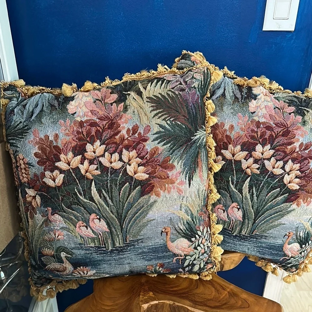 Vintage Set of 2 Floral French Tapestry Satin Back Throw Pillows with Fringe 20”